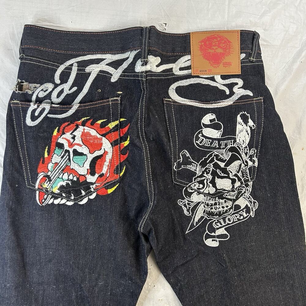 CHRISTIAN AUDIGIER Ed Hardy Denim Death Glory Embroidery Men Jeans 38x32 Y2K